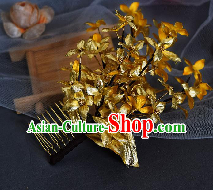 Chinese Handmade Ancient Empress Hairpin Traditional Ming Dynasty Golden Flowers Hair Comb