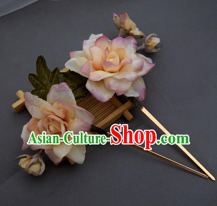 Chinese Handmade Ancient Court Woman Hairpin Traditional Ming Dynasty Pink Silk Gardenia Hair Stick