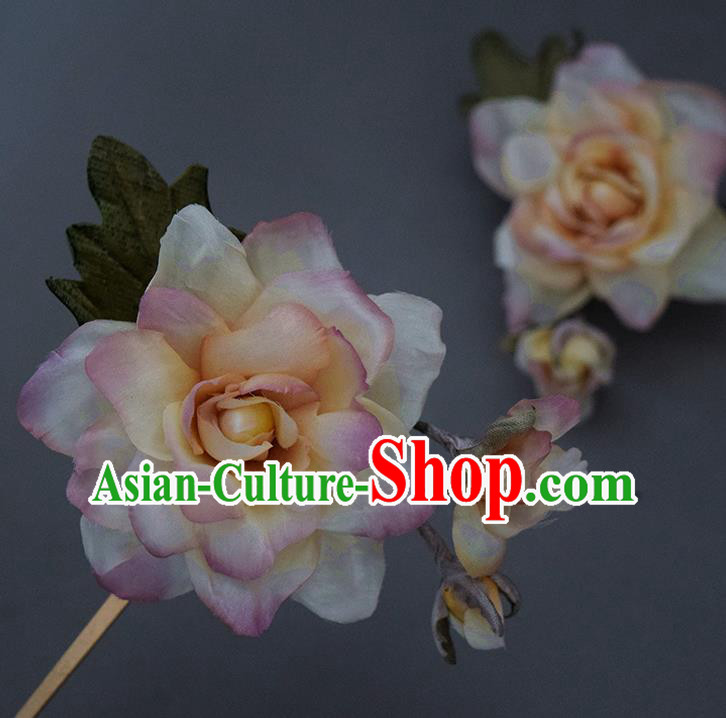 Chinese Handmade Ancient Court Woman Hairpin Traditional Ming Dynasty Pink Silk Gardenia Hair Stick