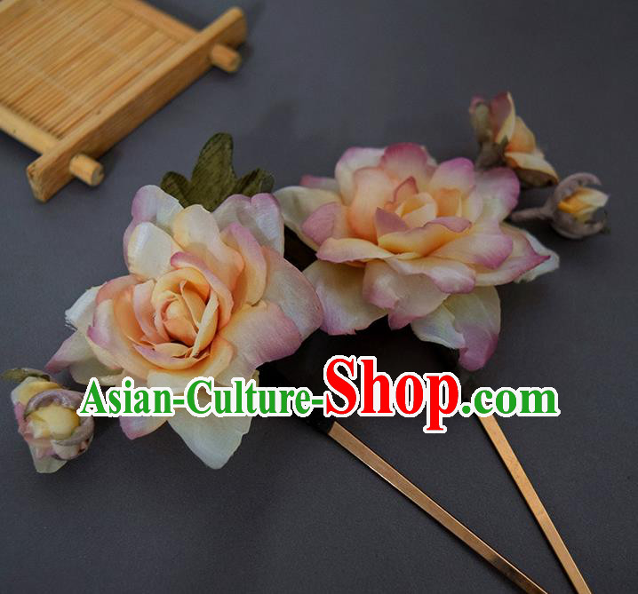 Chinese Handmade Ancient Court Woman Hairpin Traditional Ming Dynasty Pink Silk Gardenia Hair Stick