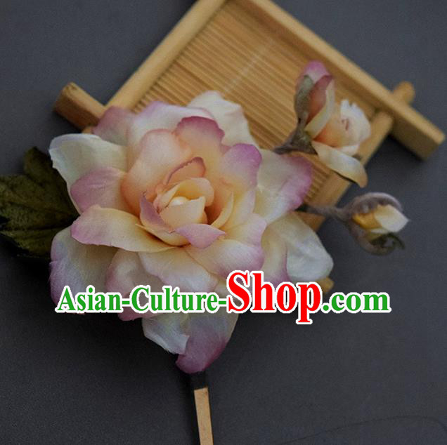 Chinese Handmade Ancient Court Woman Hairpin Traditional Ming Dynasty Pink Silk Gardenia Hair Stick