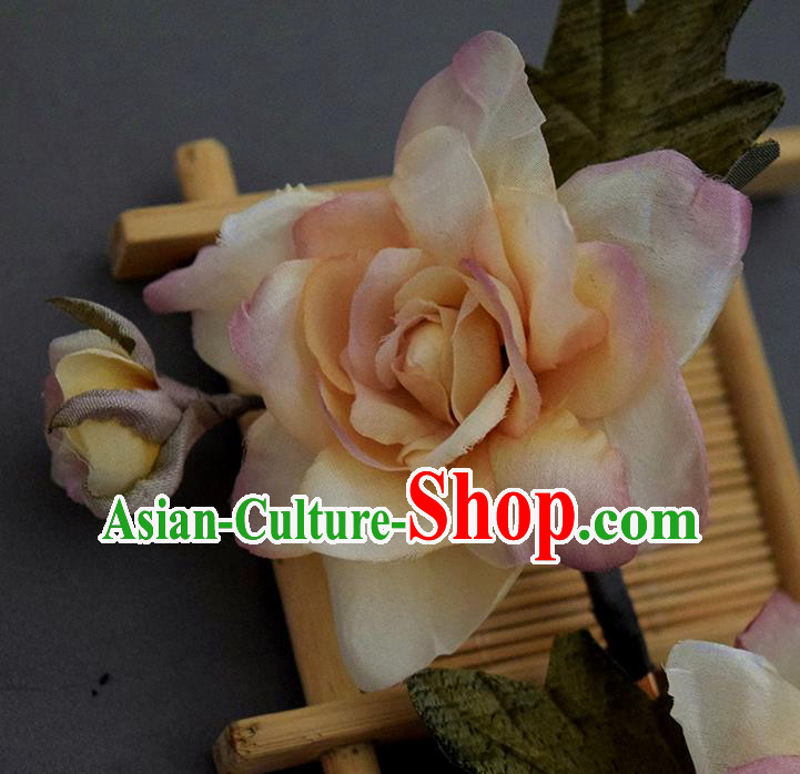 Chinese Handmade Ancient Court Woman Hairpin Traditional Ming Dynasty Pink Silk Gardenia Hair Stick