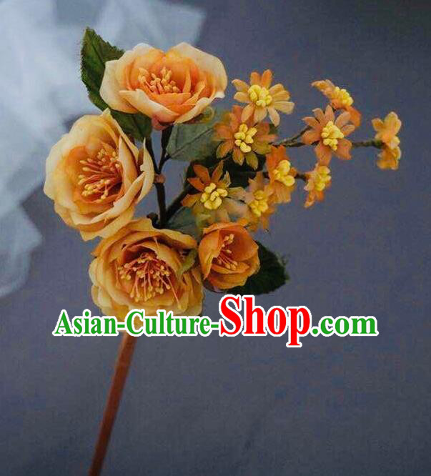 Chinese Handmade Ancient Palace Lady Hairpin Traditional Song Dynasty Orange Silk Flowers Hair Stick