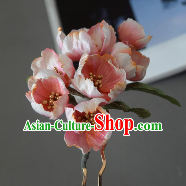 Chinese Handmade Ancient Princess Pink Flowers Hairpin Traditional Ming Dynasty Hair Stick