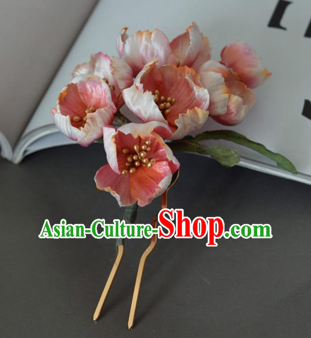 Chinese Handmade Ancient Princess Pink Flowers Hairpin Traditional Ming Dynasty Hair Stick