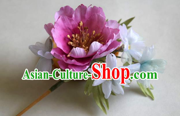 Chinese Classical Cheongsam Pink Silk Peony Hairpin Traditional Hanfu Ancient Imperial Concubine Hair Stick
