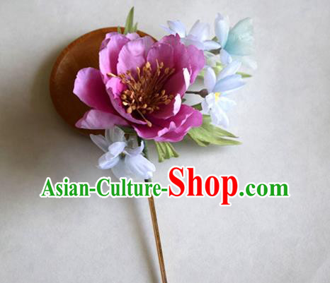 Chinese Classical Cheongsam Pink Silk Peony Hairpin Traditional Hanfu Ancient Imperial Concubine Hair Stick