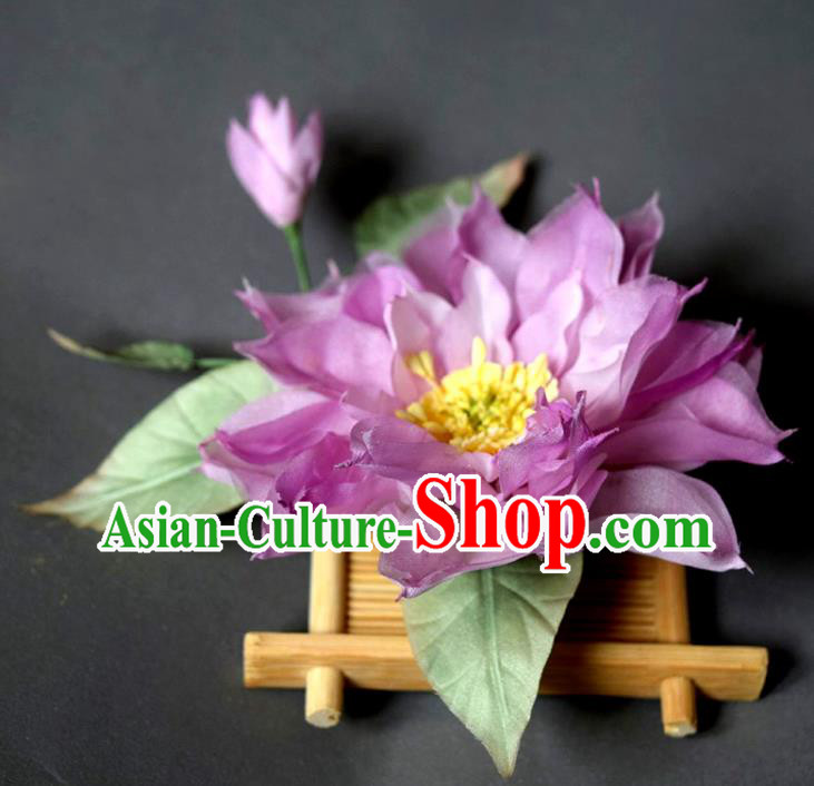 Chinese Ancient Young Beauty Hairpin Traditional Tang Dynasty Purple Silk Lotus Hair Stick