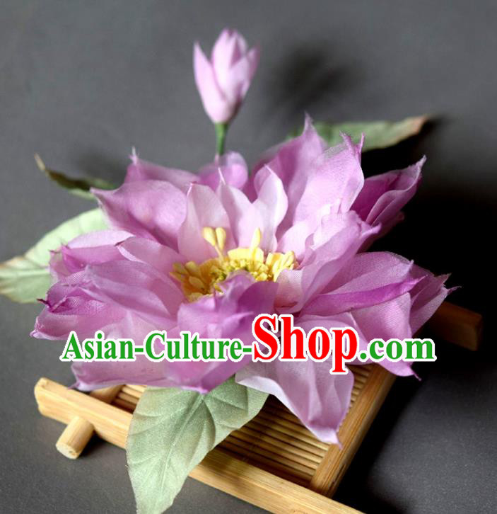 Chinese Ancient Young Beauty Hairpin Traditional Tang Dynasty Purple Silk Lotus Hair Stick