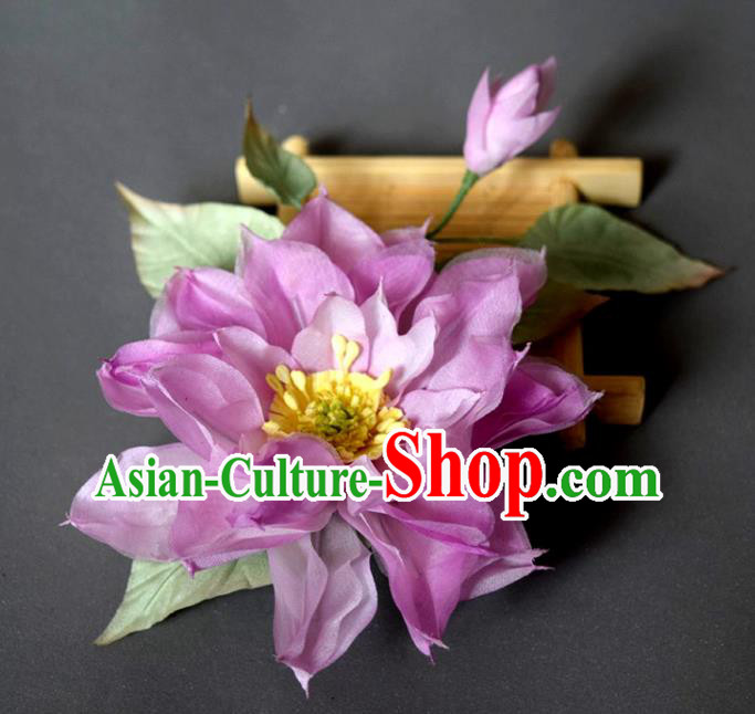 Chinese Ancient Young Beauty Hairpin Traditional Tang Dynasty Purple Silk Lotus Hair Stick