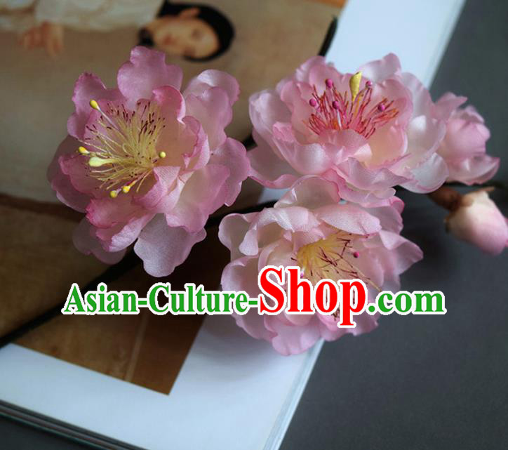 Chinese Handmade Cheongsam Hairpin Traditional Ming Dynasty Pink Silk Peach Blossom Hair Stick