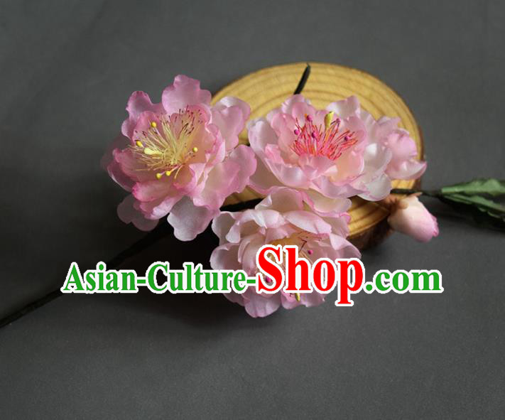 Chinese Handmade Cheongsam Hairpin Traditional Ming Dynasty Pink Silk Peach Blossom Hair Stick
