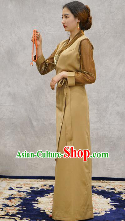 China Tibetan Ethnic Khaki Bola Dress Zang Nationality Woman Informal Clothing