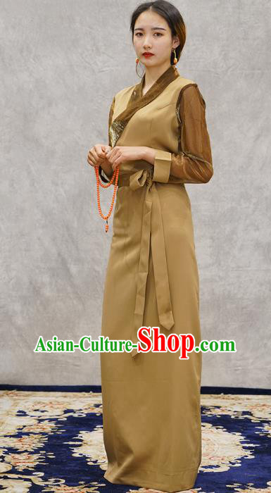 China Tibetan Ethnic Khaki Bola Dress Zang Nationality Woman Informal Clothing