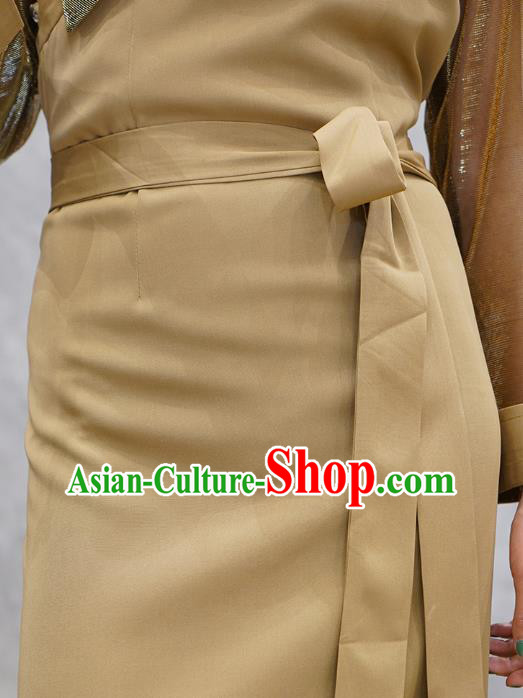 China Tibetan Ethnic Khaki Bola Dress Zang Nationality Woman Informal Clothing