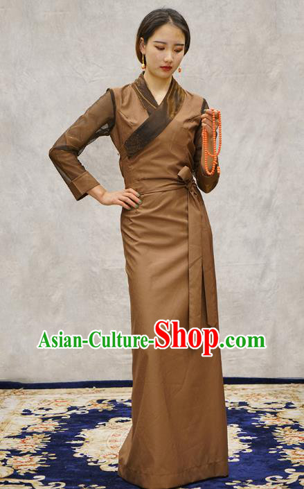 China Zang Nationality Woman Informal Clothing Tibetan Ethnic Brown Bola Dress