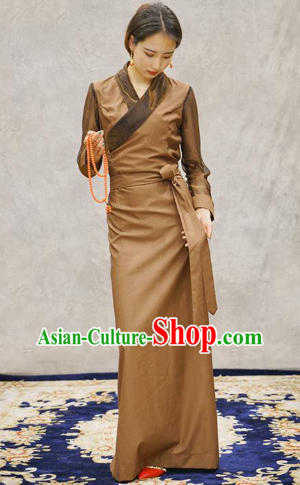 China Zang Nationality Woman Informal Clothing Tibetan Ethnic Brown Bola Dress