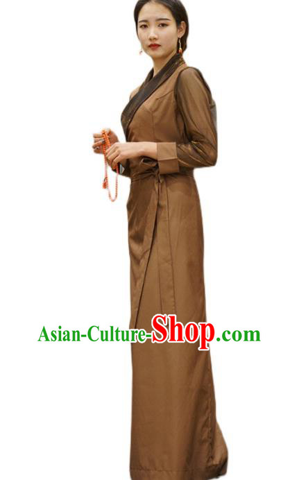 China Zang Nationality Woman Informal Clothing Tibetan Ethnic Brown Bola Dress