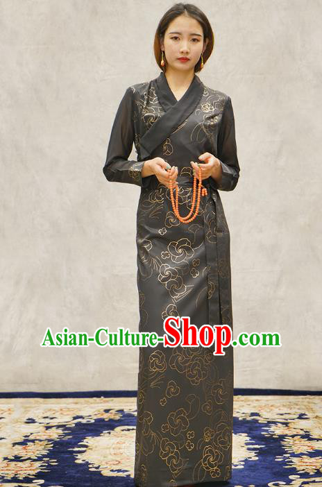 China Zang Nationality Female Informal Clothing Tibetan Ethnic Printing Grey Bola Dress