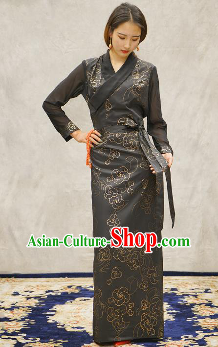 China Zang Nationality Female Informal Clothing Tibetan Ethnic Printing Grey Bola Dress