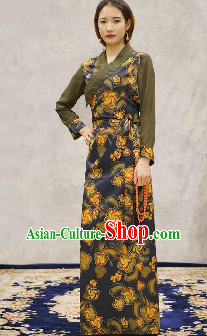 China Zang Nationality Woman Bola Clothing Tibetan Ethnic Printing Navy Blue Dress