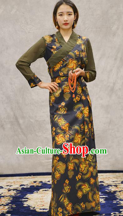 China Zang Nationality Woman Bola Clothing Tibetan Ethnic Printing Navy Blue Dress