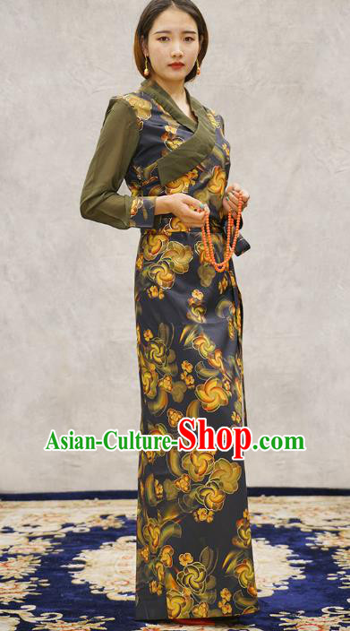 China Zang Nationality Woman Bola Clothing Tibetan Ethnic Printing Navy Blue Dress
