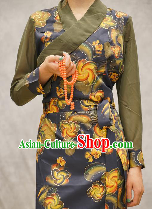 China Zang Nationality Woman Bola Clothing Tibetan Ethnic Printing Navy Blue Dress