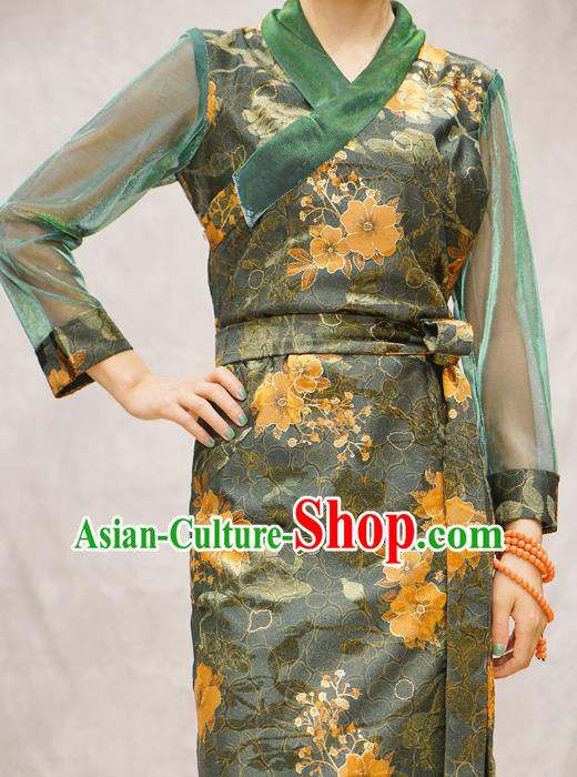 China Tibetan Ethnic Printing Flowers Green Dress Zang Nationality Woman Bola Clothing