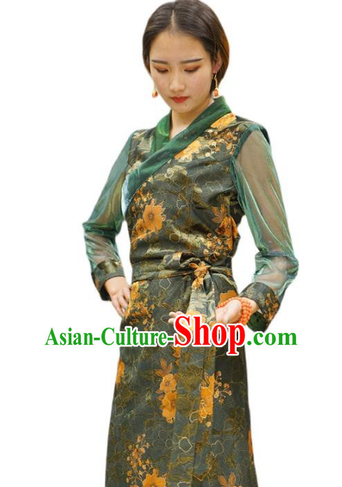 China Tibetan Ethnic Printing Flowers Green Dress Zang Nationality Woman Bola Clothing