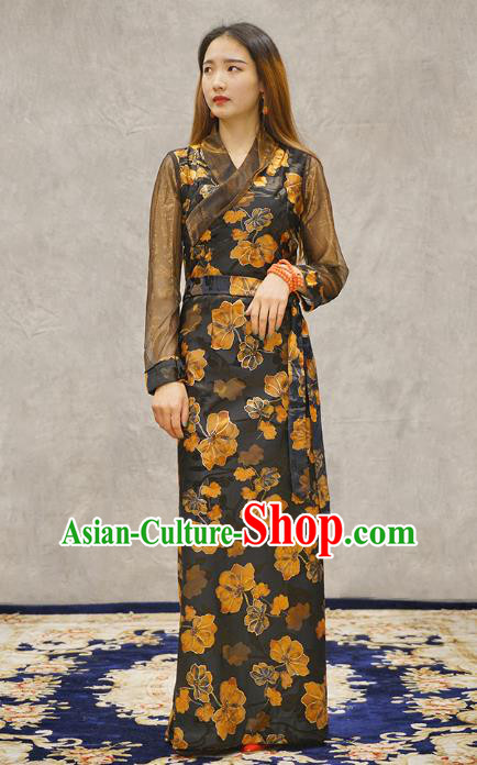 China Tibetan Ethnic Woman Dress Zang Nationality Printing Black Bola Clothing