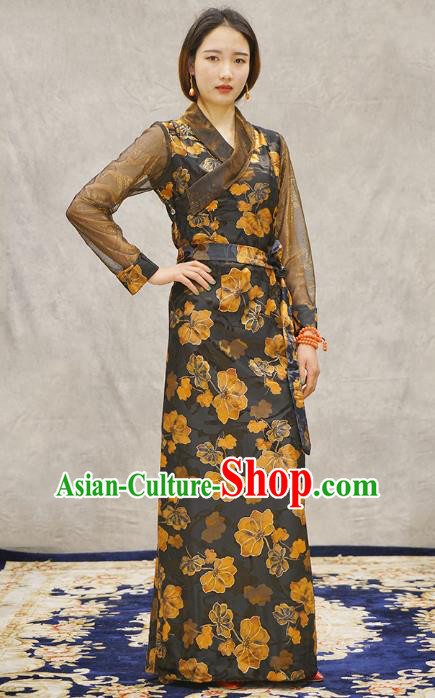 China Tibetan Ethnic Woman Dress Zang Nationality Printing Black Bola Clothing