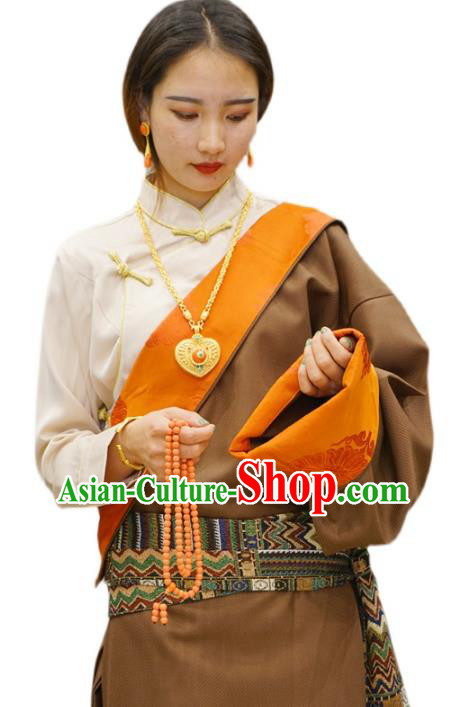 China Ethnic Woman Costume Zang Nationality Clothing Khaki Tibetan Robe