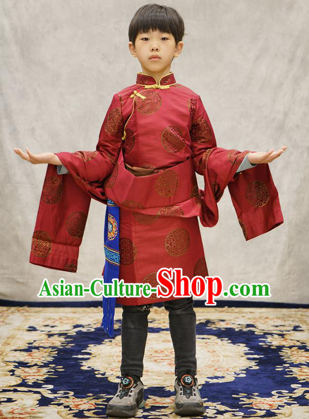 Chinese Zang Nationality Boys Costumes Tibetan Ethnic Children Red Brocade Uniforms