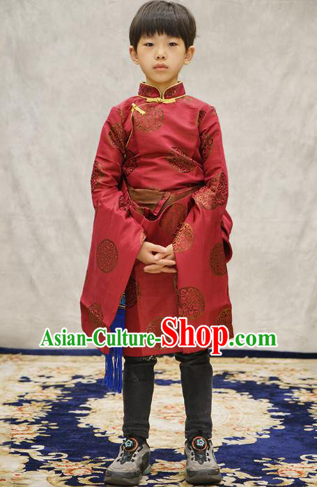Chinese Zang Nationality Boys Costumes Tibetan Ethnic Children Red Brocade Uniforms