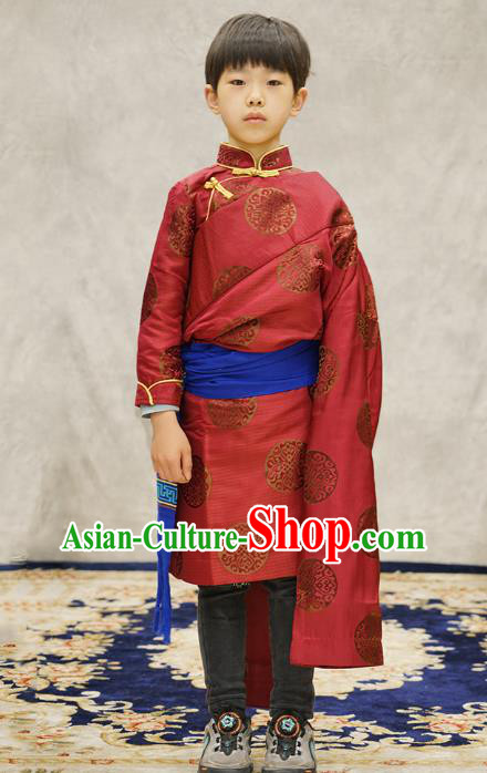 Chinese Zang Nationality Boys Costumes Tibetan Ethnic Children Red Brocade Uniforms