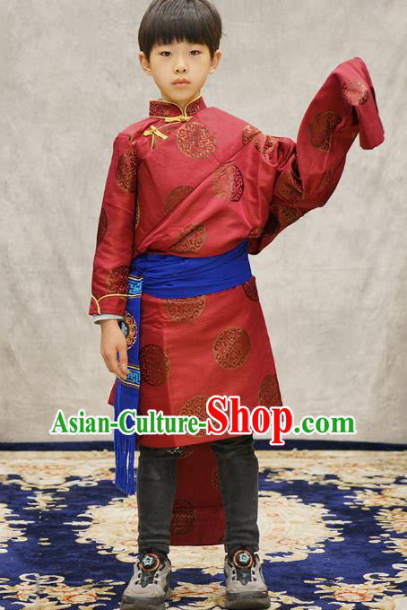 Chinese Zang Nationality Boys Costumes Tibetan Ethnic Children Red Brocade Uniforms
