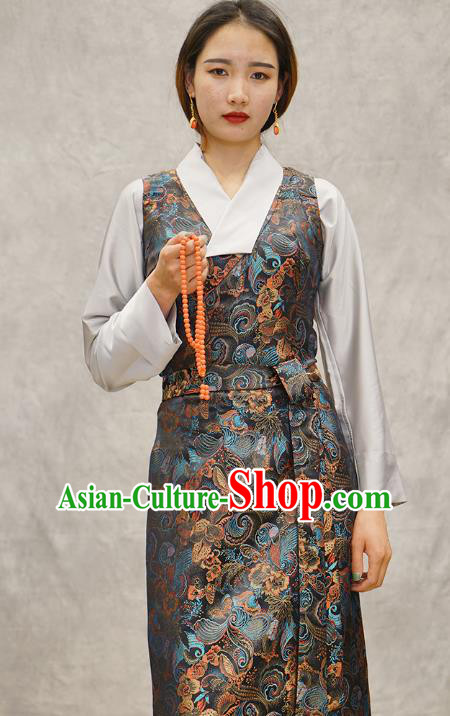 China Tibetan Ethnic Woman Costume Zang Nationality Grey Brocade Bola Dress Clothing