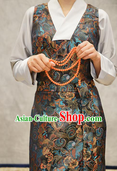China Tibetan Ethnic Woman Costume Zang Nationality Grey Brocade Bola Dress Clothing