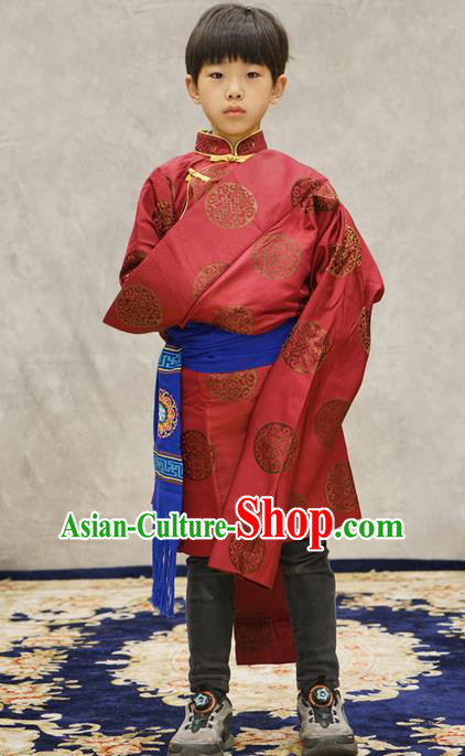 Chinese Zang Nationality Boys Costumes Tibetan Ethnic Children Red Brocade Uniforms