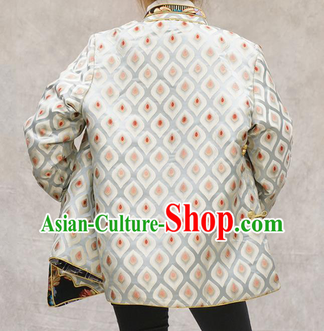 Chinese Tibetan Nationality Woman Clothing Zang Minority White Brocade Jacket