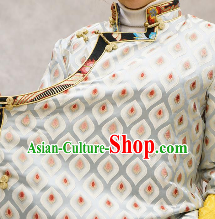 Chinese Tibetan Nationality Woman Clothing Zang Minority White Brocade Jacket