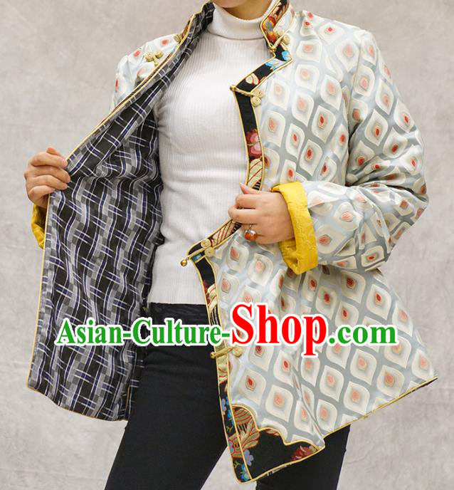 Chinese Tibetan Nationality Woman Clothing Zang Minority White Brocade Jacket