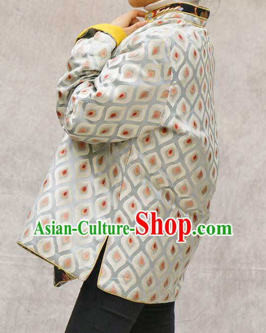 Chinese Tibetan Nationality Woman Clothing Zang Minority White Brocade Jacket