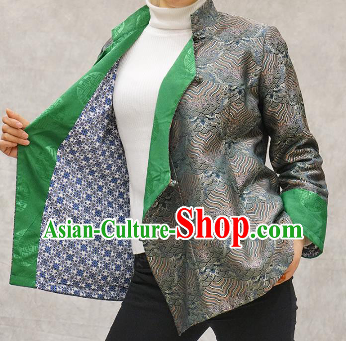 Chinese Zang Minority Grey Brocade Jacket Tibetan Nationality Woman Outer Garment Clothing