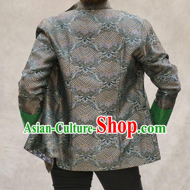 Chinese Zang Minority Grey Brocade Jacket Tibetan Nationality Woman Outer Garment Clothing