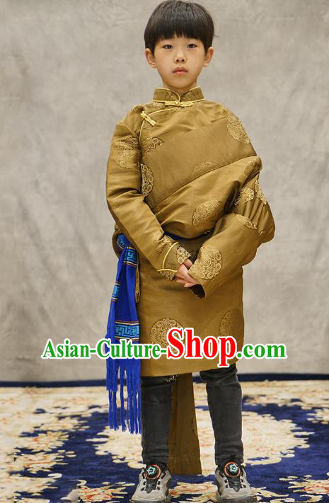 Chinese Zang Nationality Boys Clothing Tibetan Ethnic Children Green Brocade Jacket