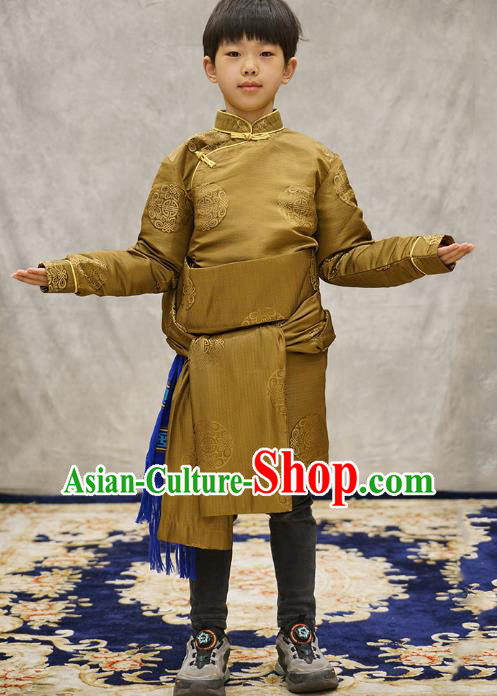 Chinese Zang Nationality Boys Clothing Tibetan Ethnic Children Green Brocade Jacket