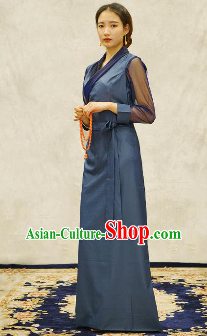 China Zang Nationality Bola Clothing Tibetan Ethnic Female Blue Dress
