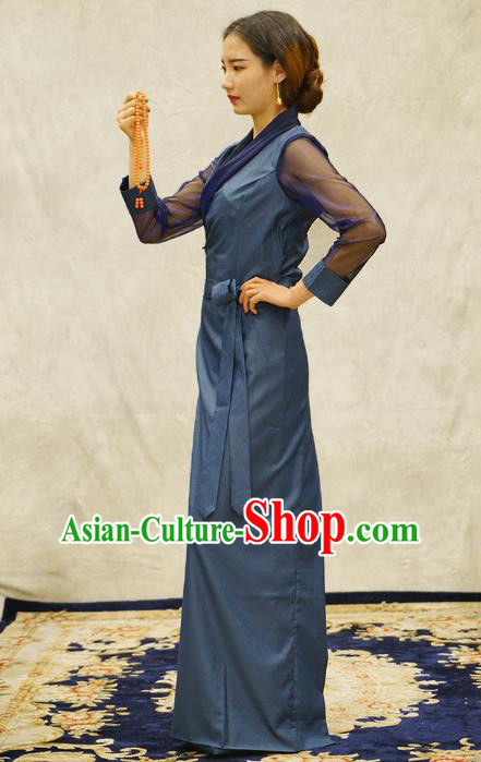 China Zang Nationality Bola Clothing Tibetan Ethnic Female Blue Dress